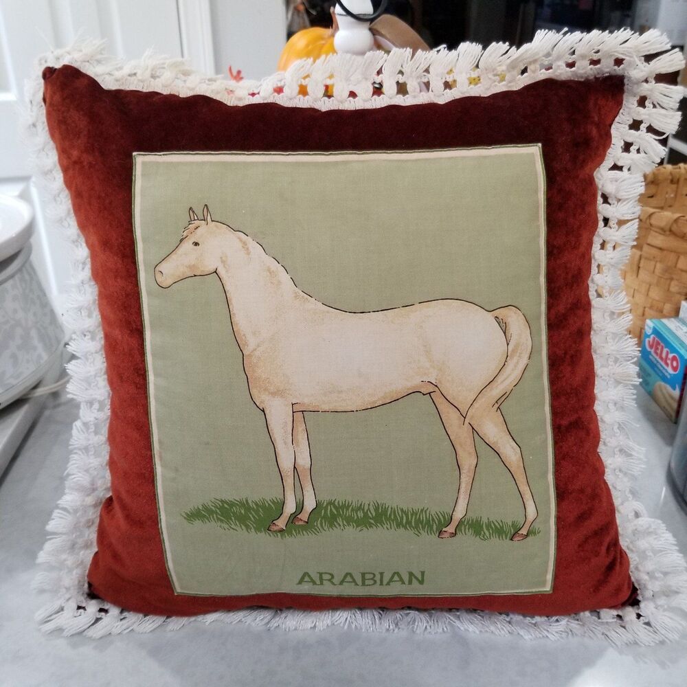 Vintage arabian horse pillow with fringe velour/velvet approx 15" square